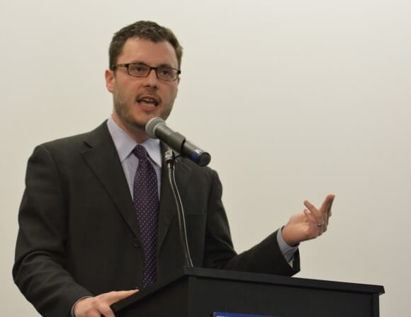 Josh Ruebner speaking at Drake in Des Moines earlier this month. Image, AFSC