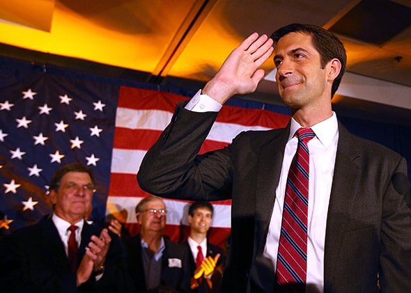Cotton saluted supporters in Little Rock last fall