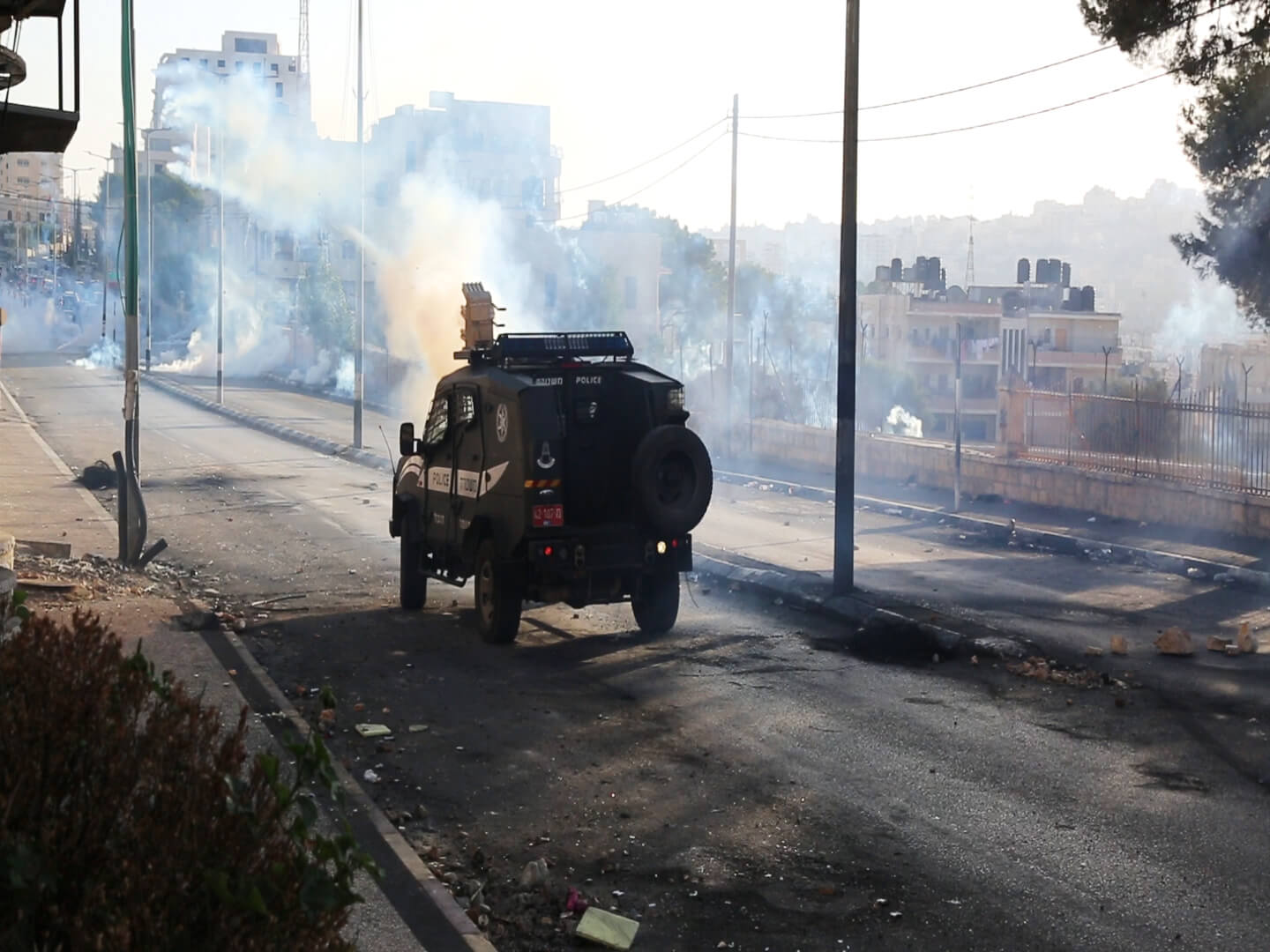 Israeli army jeeps have the capability of shooting off up to 60 tear gas canisters at once without reloading. (Photo: Abed al Qaisi)