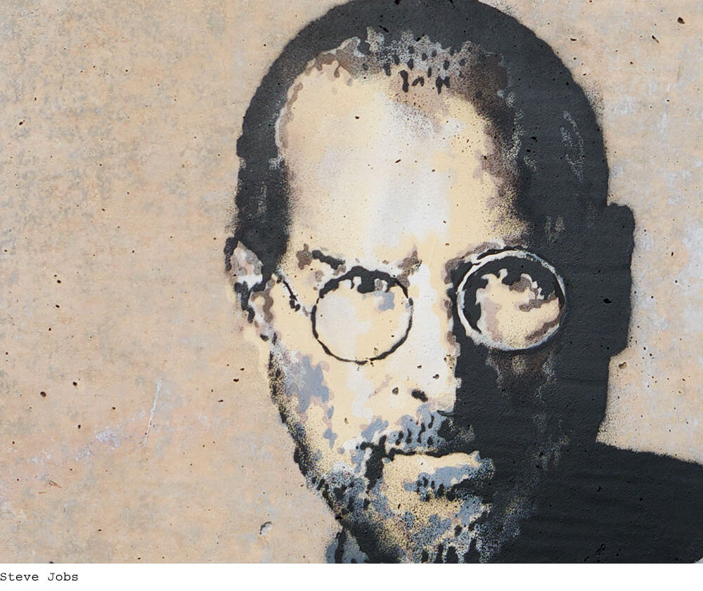 Close up of Steve Jobs face in "the son of a migrant from Syria" -Artwork by Banksy