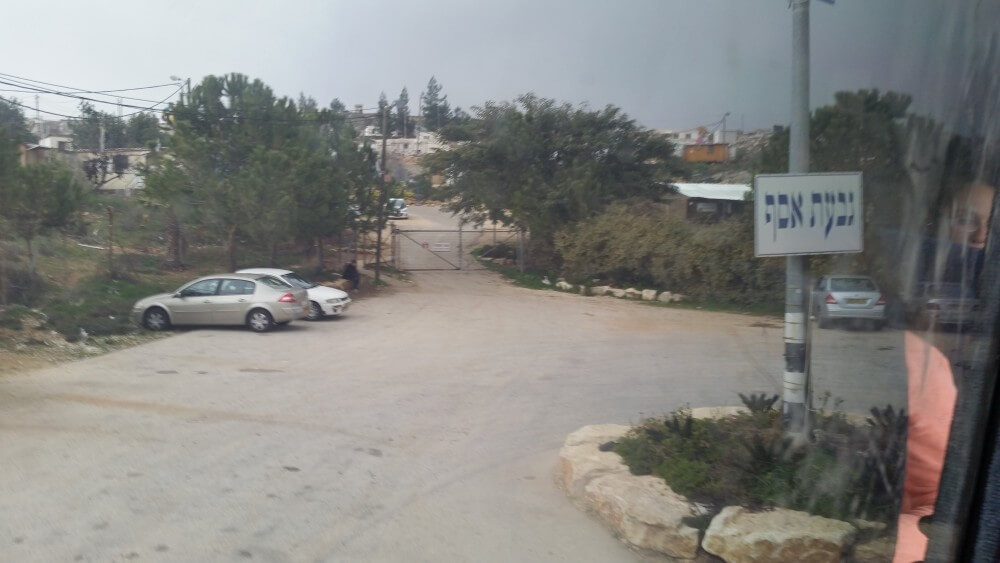 Giv'at Asaf is a small settlement pocketed off the road in the Judean Hills. Built on Palestinian land, it has blocked Palestinian villagers' access to Highway 60, which adjoins photo (Photo: Philip Weiss)