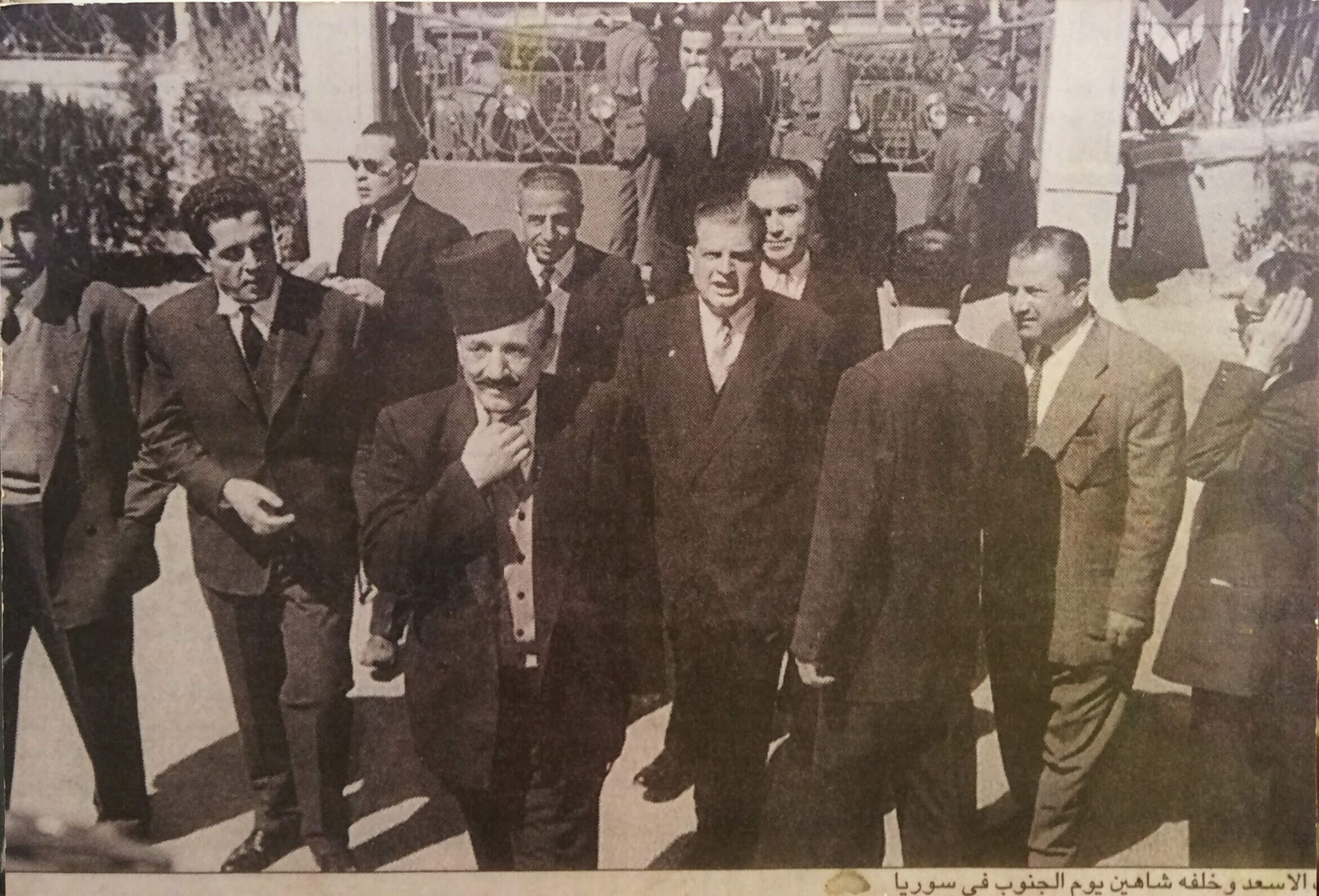 Shukrallah Karam seen right behind Ahmad & Kamel el Asaad (father & son, both speakers of parliament house) a delegation to welcome President of the United Arab republic Gamal Abdel Nasser's visit to Damascus, 1958. 