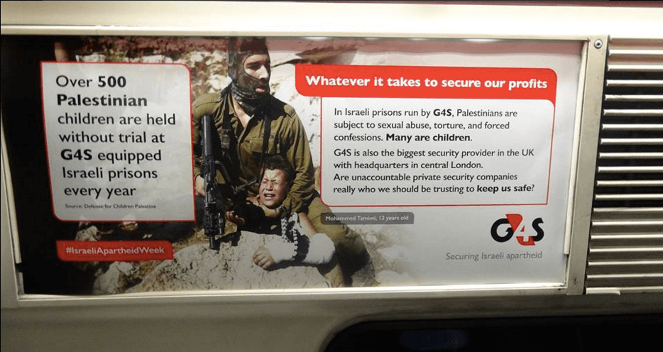 Targeting G4S: London Palestine Action plasters over 500 unauthorized advertisements on underground trains kicking off Israel Apartheid Week