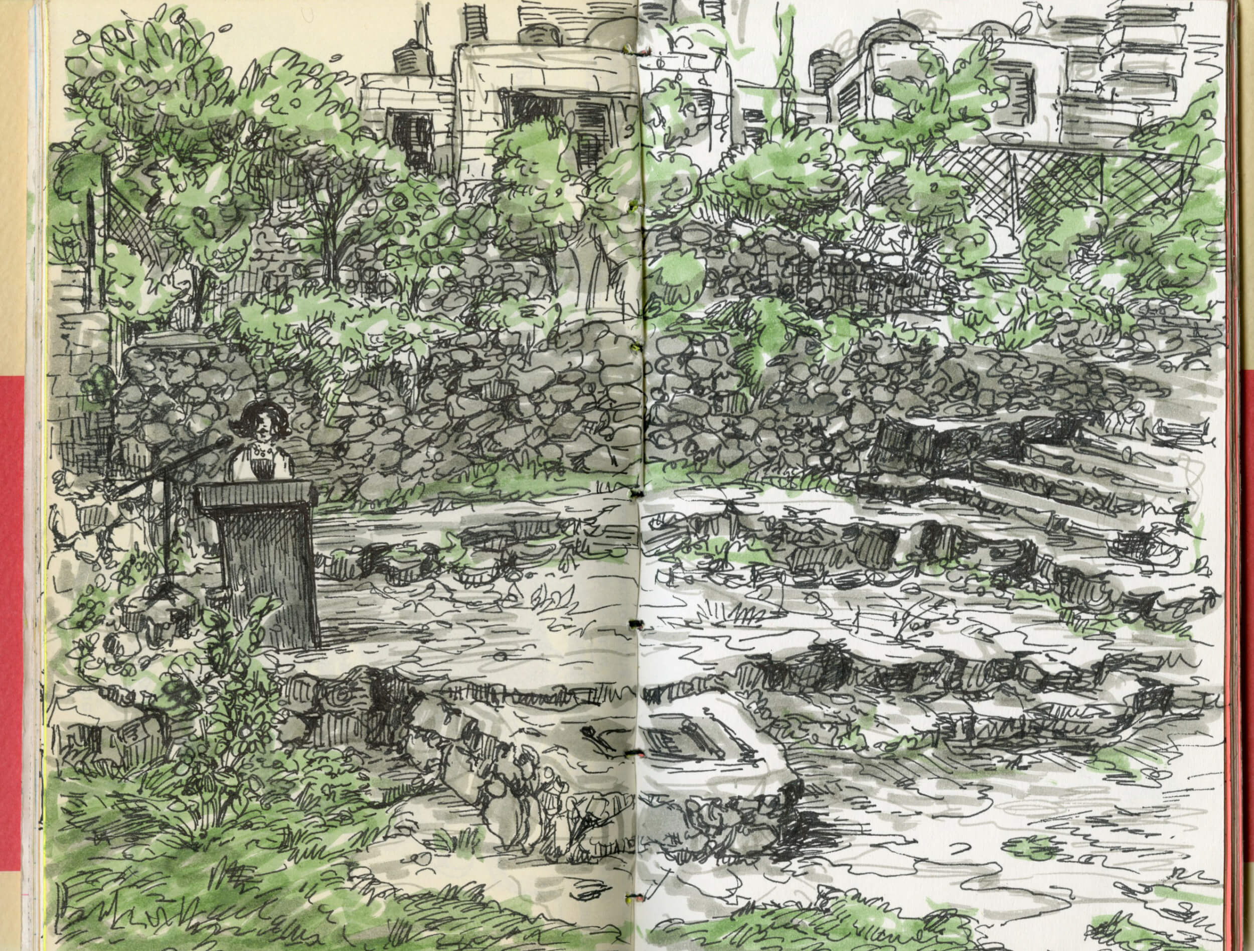 PalFest 2015’s closing night in Ramallah. (Sketch by Molly Crabapple)