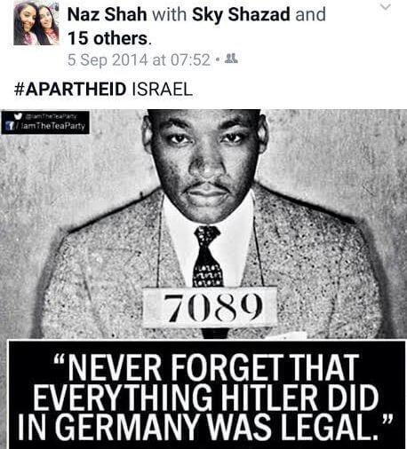 Screenshot of MP Naz Shah's Facebook post on Israel and Jim Crow South and Hitler, from Guido Fawkes