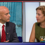 Screenshot from televised debate between Tim Canova and Congresswoman Debbie Wasserman Schultz. (Image: CBSMiami)