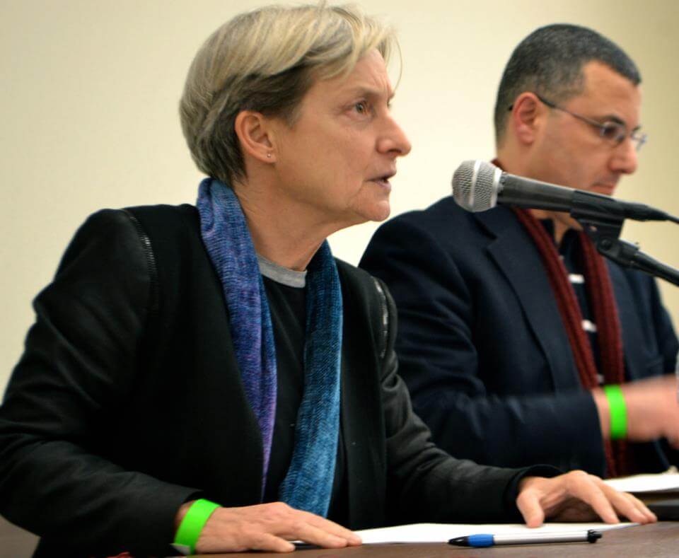 Judith Butler and Omar Barghouti at Brooklyn College in February (Brooklyn College SJP)