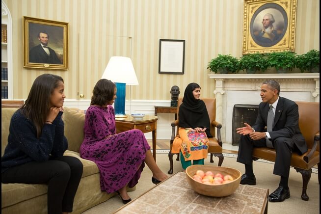 Malala Yousafzai meets President Obama and his family in the Oval Office.