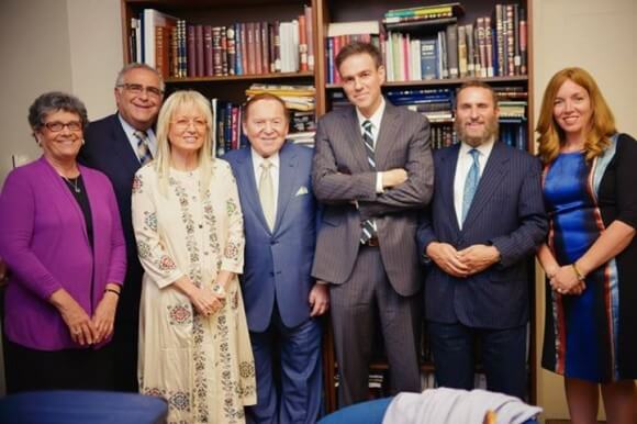 Richard Joel, Miri Adelson, Sheldon Adelson, Bret Stephens, Shmuley Boteach, and Boteach's daughter. Woman at left unknown