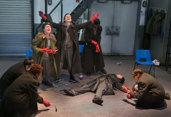 Sara Krulwich picture of senator assassins in Julius Caesar production