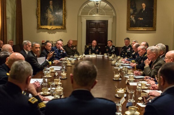 President Barack Obama and Vice President Joe Biden hold a meeting with Combatant Commanders and Military Leadership in the Cabinet Room of the White House, Nov. 12, 2013. (Official White House Photo by Pete Souza)
