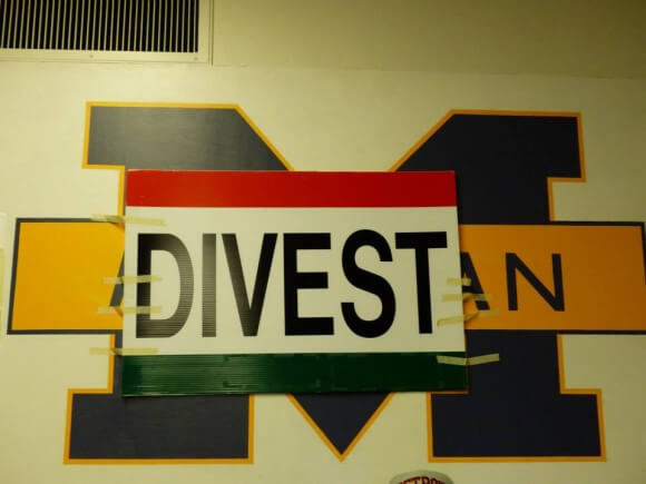 A sign at a student sit-in calling for the University of Michigan to divest from corporations that work with the Israeli military. (Photo: Students Allied for Freedom and Equality/Facebook)