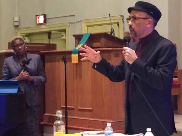 Bill Fletcher, Jr. speaking at the Plymouth Congregational United Church of Christ on Feb. 26, 2014.  The event was moderated by Rev. Carolyn L. Boyd. (Photo: Bill Simonds)