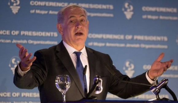 Netanyahu delivers a speech at the Conference of Presidents of Major American Jewish Organizations, February 17, 2014 in Jerusalem. (Photo: AFP)
