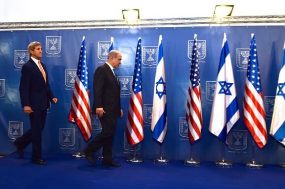 John Kerry with Benjamin Netanyahu, July 23, Tel Aviv, during secretary's trip to Israel, seeking to broker ceasefire