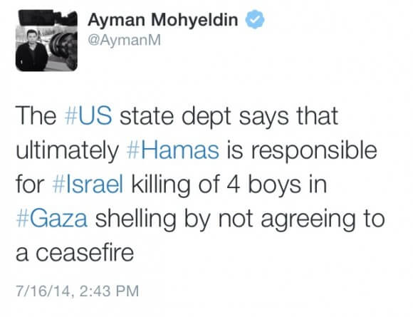 Tweet from Ayman Mohyeldin, subsequently removed