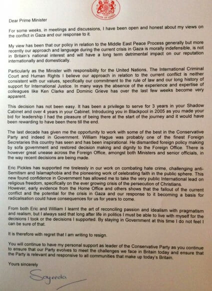 Lady Warsi's resignation letter, from the Guardian