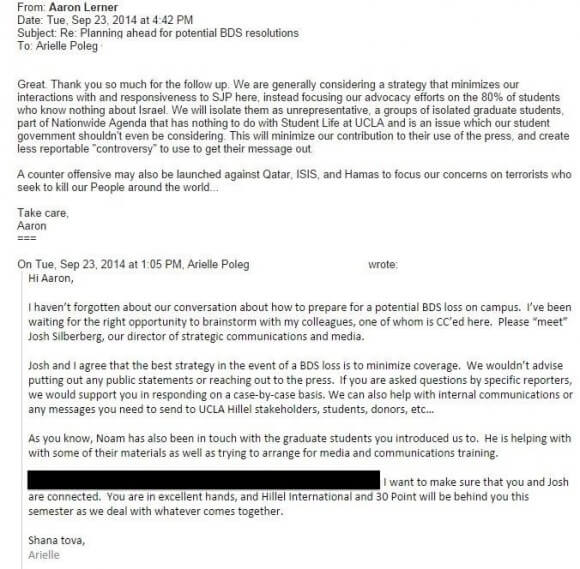 The text of the e-mails that show UCLA Hillel talking with 30 Point PR firm about how to fight BDS on campus. (Personal information is redacted.)