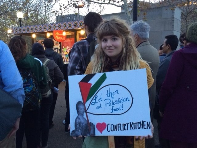 Photo of a University of Pittsburgh student from Nov. 10 sit-in in support of Conflict Kitchen. (Photo: Kate Daher)