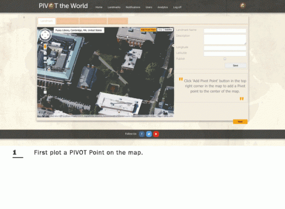 PIVOT’s web-based dashboard allows users to upload multimedia and information to a Google Maps API, which feeds directly into the mobile app. 