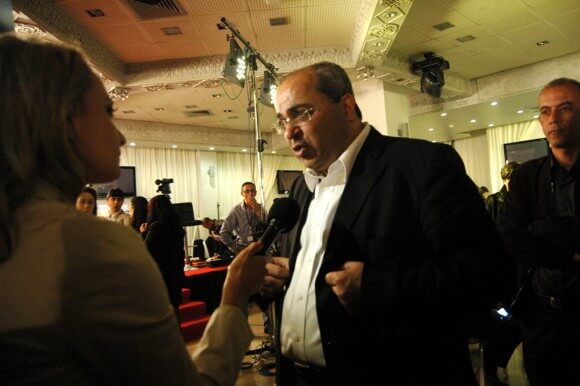 Knesset member Ahmad Tibi and Joint Arab List Knesset-elect Ahmad Tibi speaks to press after election results are announced in Nazareth, Israel, Tuesday, March 17, 2015. (Photo: Allison Deger)