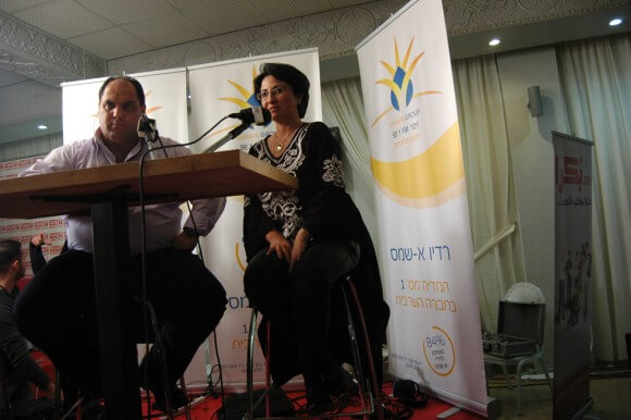 Knesset member and Joint Arab List Knesset-elect Hanin Zoabi (R) gives an interview at a rally in Nazareth, Israel, Tuesday, March 17, 2015. (Photo: Allison Deger)