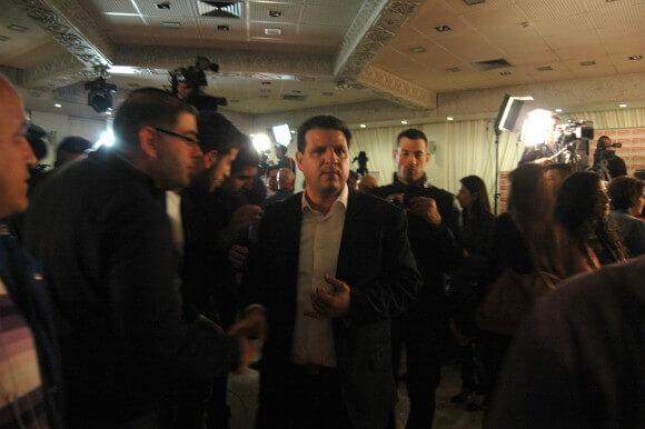Joint Arab List head Ayman Odeh speaks with press during an election results event in Narareth, Israel, Tuesday, March 17, 2015. (Photo: Allison Deger)