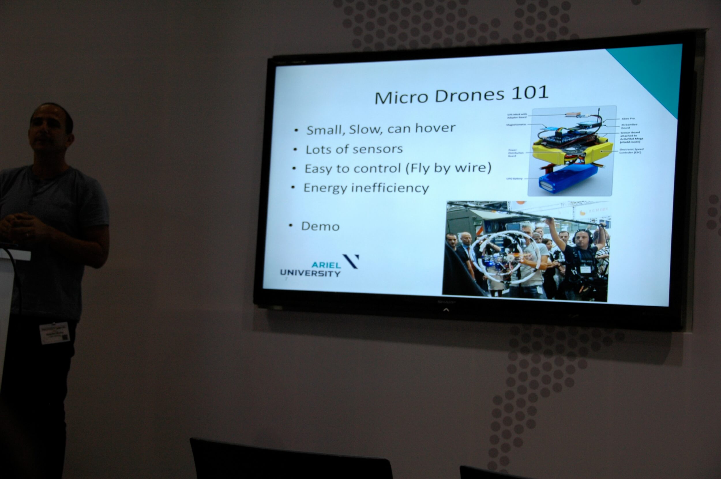 A presentation in "Micro Drones" by a professor at Ariel University. (Photo: Sarah Levy)