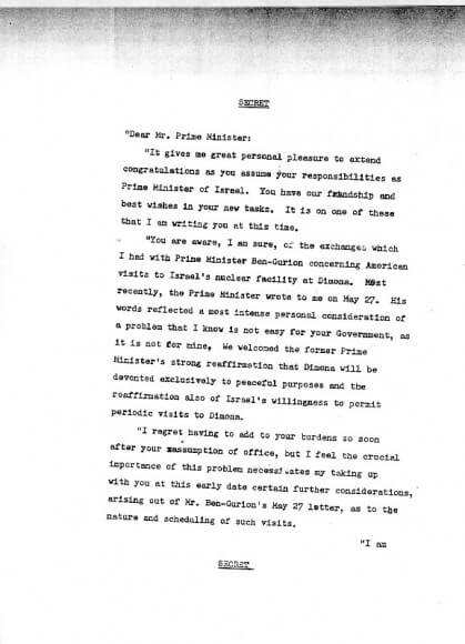 Kennedy Eshkol letter, page 1