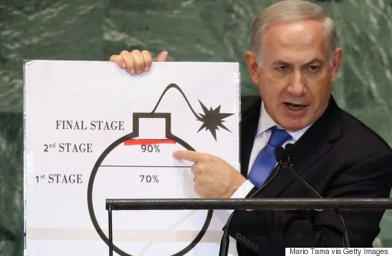 Netanyahu points to a drawing of a bomb in warning of Iran's threat, in an address to the United Nations General Assembly on September 27, 2012 in New York. (Photo by Mario Tama/Getty Images)