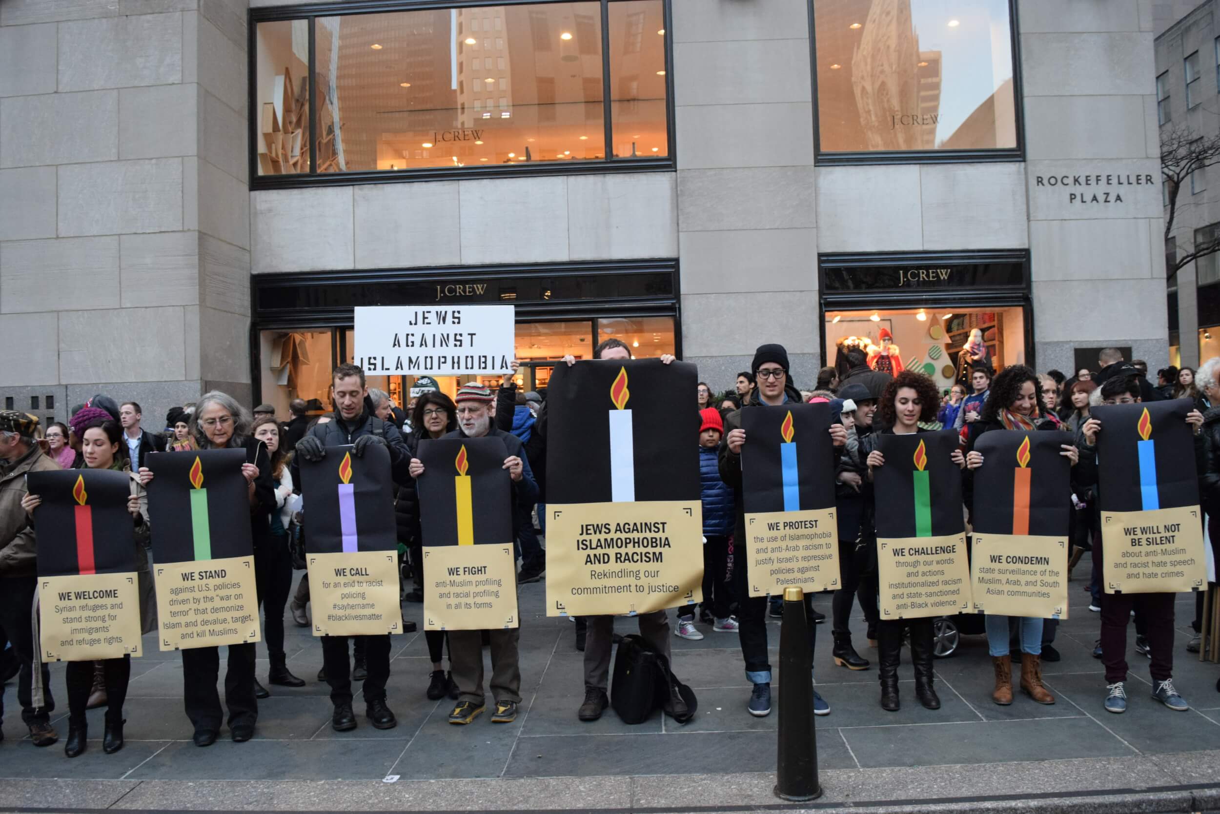 Activists speaking out against Islamophobia and racism in Rockefeller Plaza, Dec 6. (Photo: Jewish Voice for Peace)