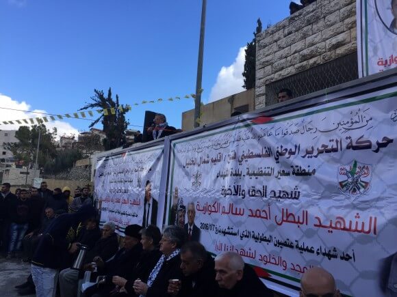 Mustafa Barghouti addresses the wake following the funeral of (Photo: Adam Horowitz)