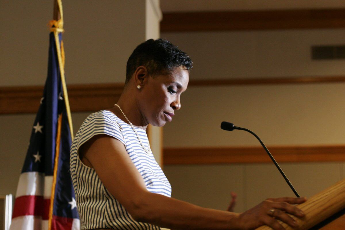 Democrat Donna Edwards, a U.S. Representative from the 4th District of Maryland, giving her concession speech in her race with Rep. Chris Van Hollen. (Photo: Wilson Dizard)