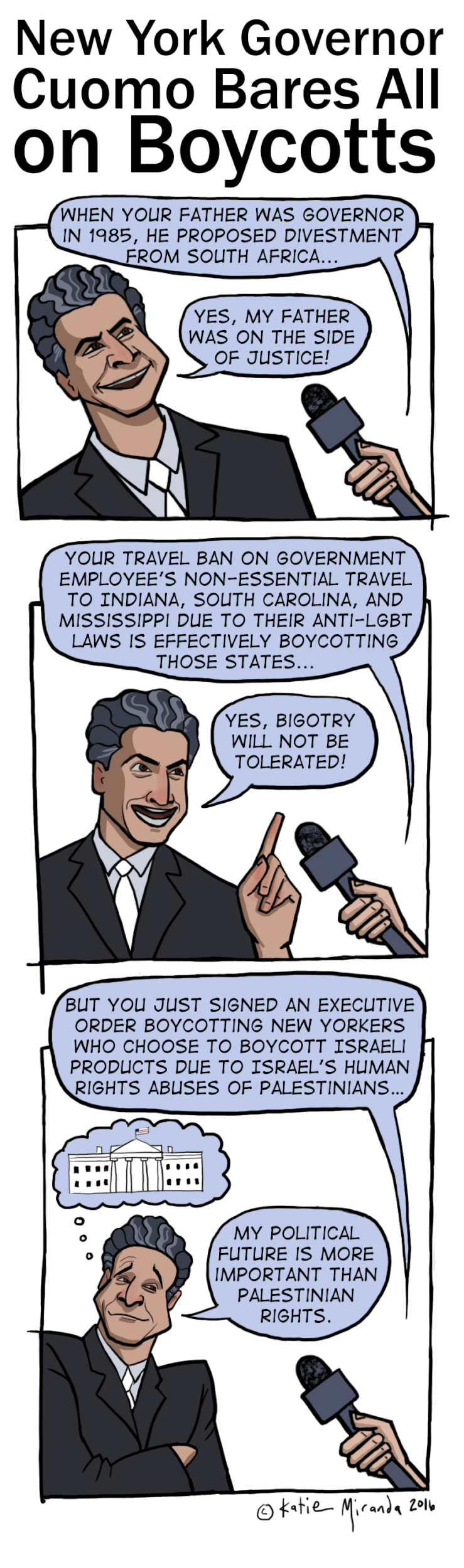 Cuomo's shifting standards on boycott, a cartoon by Katie Miranda