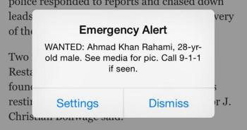 The alert sent out to mobile phones by the NYPD. (Photo via ooyuz.com)