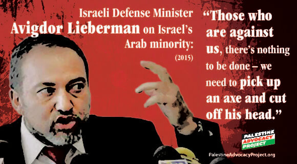 Israeli Defense Minister Avigdor Lieberman "Those who are against us, there's nothing to be done - we need to pick up an ax and cut off his head" (Graphic: Palestine Advocacy Project)
