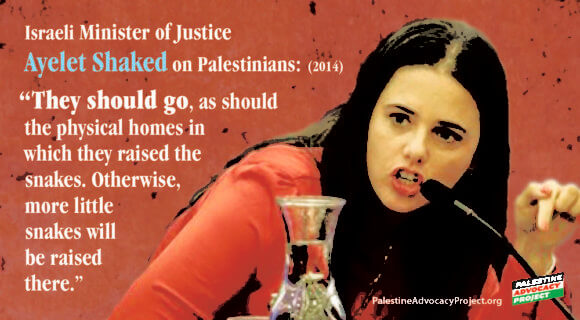 Israeli Minister of Justice Ayelet Shaked "They should go, as should the physical homes in which they raised the snakes. Otherwise, more little snakes will be raised there." (Graphic: Palestine Advocacy Project)