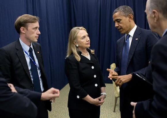 The president and then-secretary-of-state Clinton in 2012, with then-deputy chief of staff to Clinton, Jake Sullivan. Photo by Pete Souza of the White House.