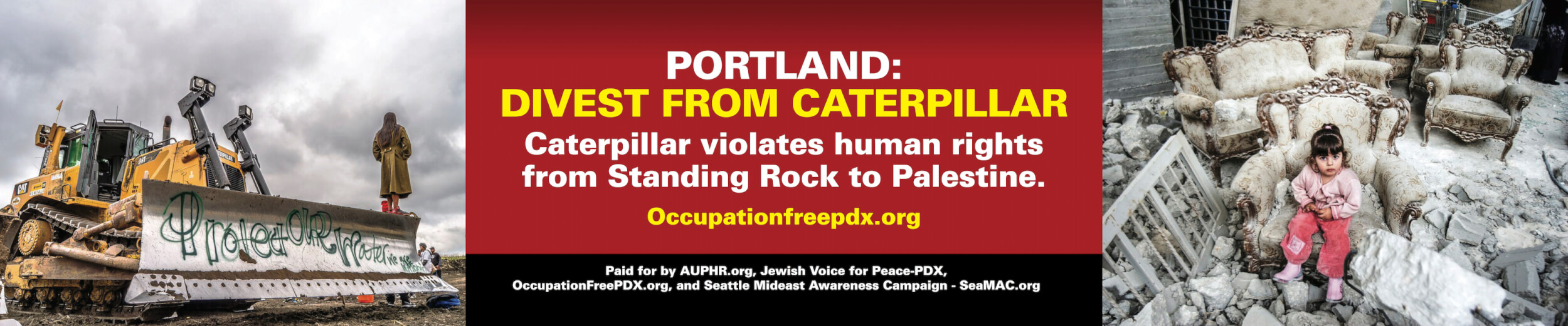 Portland: Divest from Caterpillar - Caterpillar Violates Human Rights from Standing Rock to Palestine (Bus Ad by Occupation-Free Portland and SeaMac) 