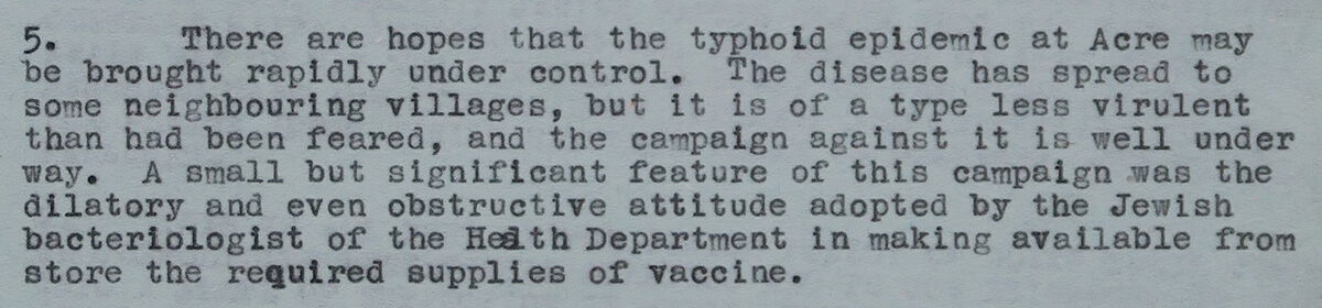 Hagana biological warfare and the "obstructionist" attitude of the bacteriologist. Extract from telegram No. 1293, from High Commissioner Cunningham, "dispatched 1900 hrs. 8.5.48", and marked "IMMEDIATE. SECRET".