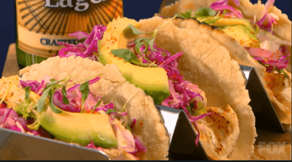 Kal Penn's winning beer marinated Pan-Seared Halibut Tacos with Chipotle-Aioli sauce, citrus-coleslaw garnish and Avocados. Photo: Screenshot MasterChef Showdown