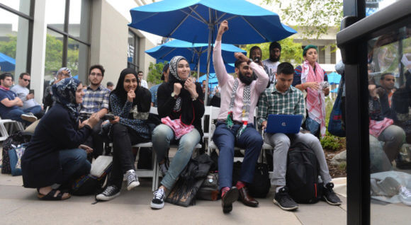 Students at Cal State University Long Beach celebrate the student government passing a resolution to divest university funds from corporations working in Israel and the settlements, May 10, 2017. ( Photo: Stephen Carr / Daily News / SCNG )