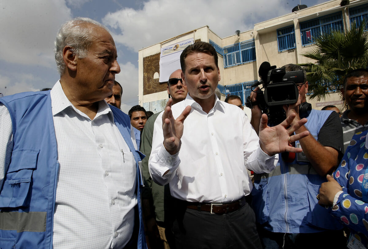 United Nations Relief and Works Agency (UNRWA) Commissioner-General Pierre Krahenbuhl visits the Palestinian families displaced at an UNRWA school in Rafah in the southern Gaza Strip, on August 17, 2014. (Photo: Abed Rahim Khatib/ APA Images)