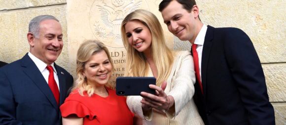 US President's daughter Ivanka Trump (left 3) Israel Prime Minister's wife Sara Netanyahu (left 2), Donald Trump's son-in-law and Senior Advisor Jared Kushner (R) and Israel's Prime Minister Benjamin Netanyahu (L) attend the opening of the US embassy in Jerusalem on May 14, 2018.