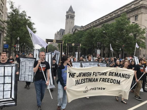 Member of IfNotNow demonstrate against US embassy move to Jerusalem, May 2018