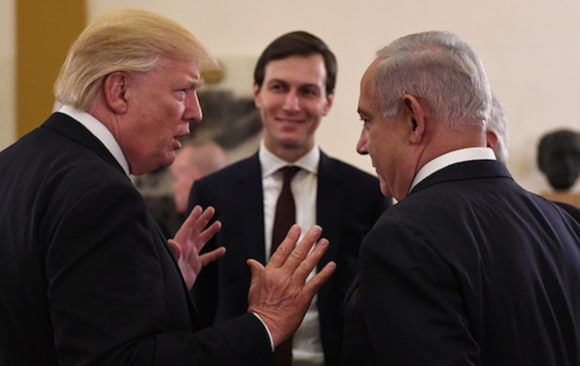 President Donald Trump talks with Israel Prime Minister Benjamin Netanyahu and Jared Kushner in Jerusalem, May 22, 2017.