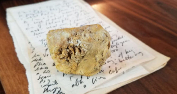 A rock from the West Bank village of Bil'in serves as a paperweight on Phil Weiss's desk.