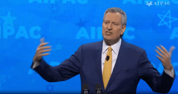 NY Mayor Bill de Blasio addresses AIPAC policy conference, March 25, 2019. Screenshot from AIPAC livestream.