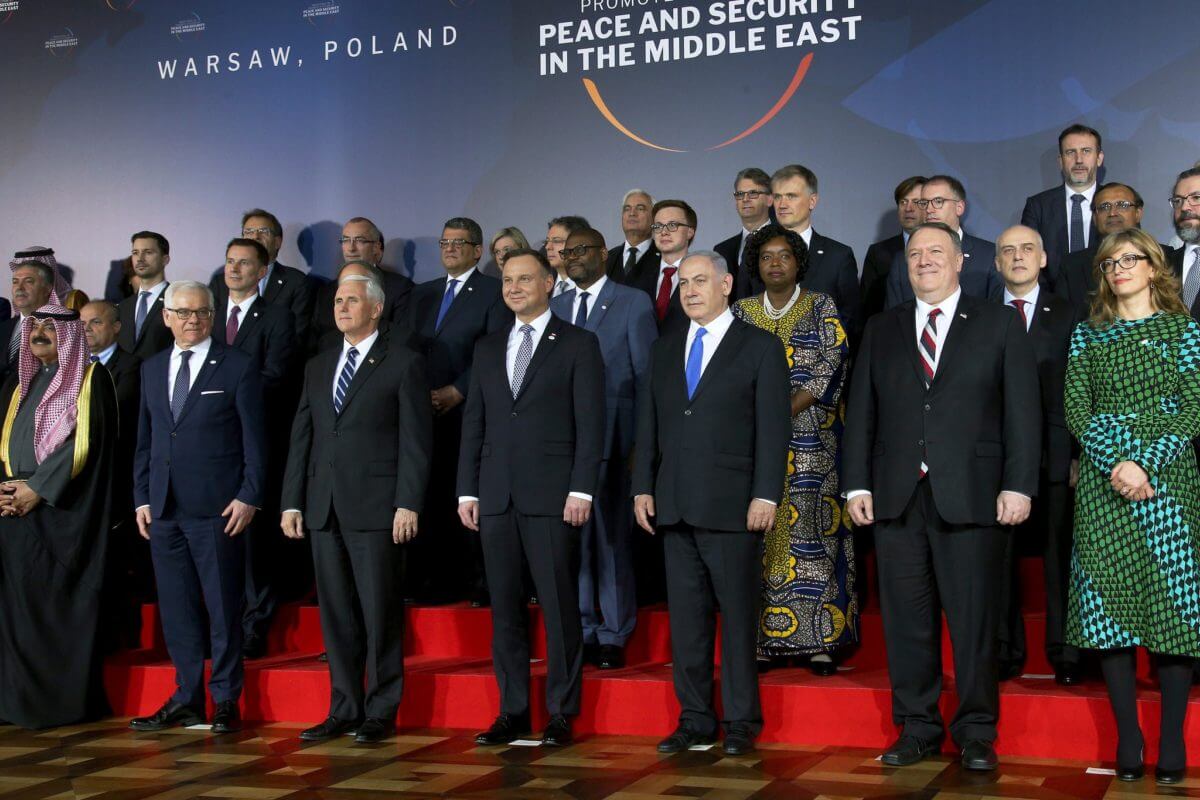 Top US leaders and other global officials at the Warsaw summit on Middle East security — which was mainly about building pressure on Iran — on February 13, 2019 (Photo: Michael Sohn/AP)