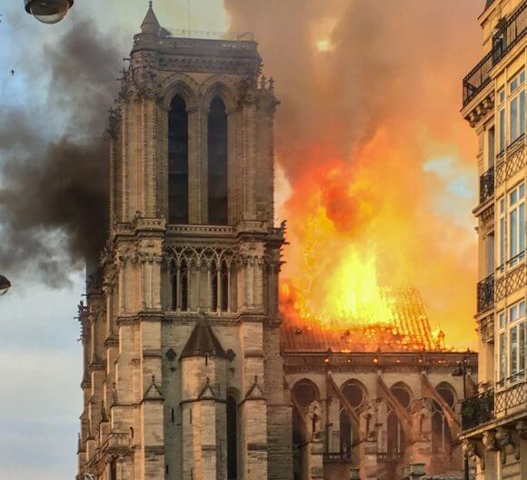 The Notre Dame Cathedral in Paris on fire, April 15, 2019. (Photo: LeLaisserPasserA38/Wikimedia)